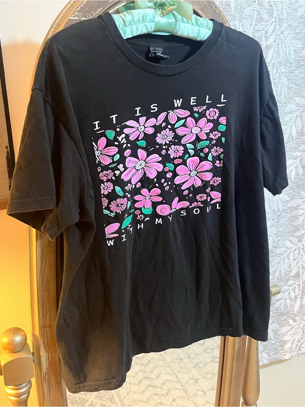 Graphic Floral Short Sleeve Tee - Black with Pink Flowers